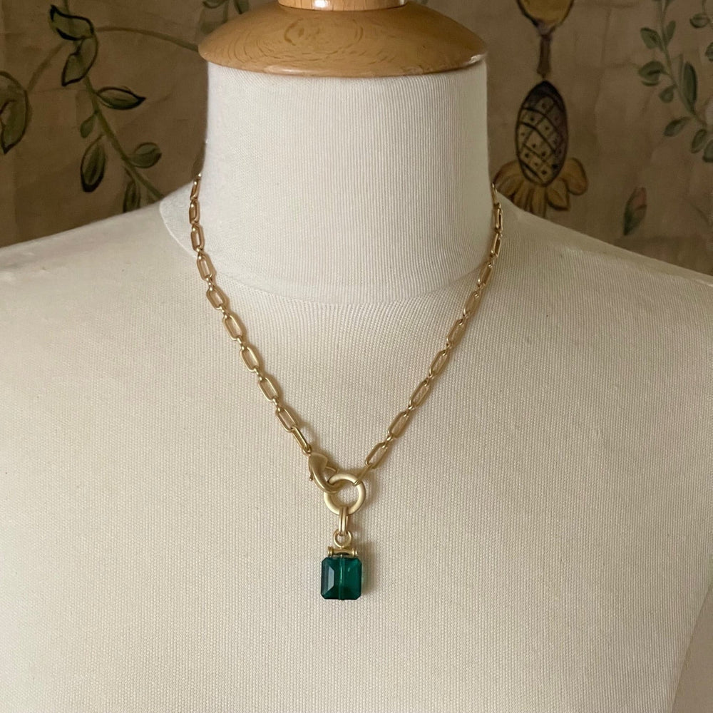 Crystal Stackpole Square Emerald Green Crystal Front Closure Necklace On Matte Gold Chai ...