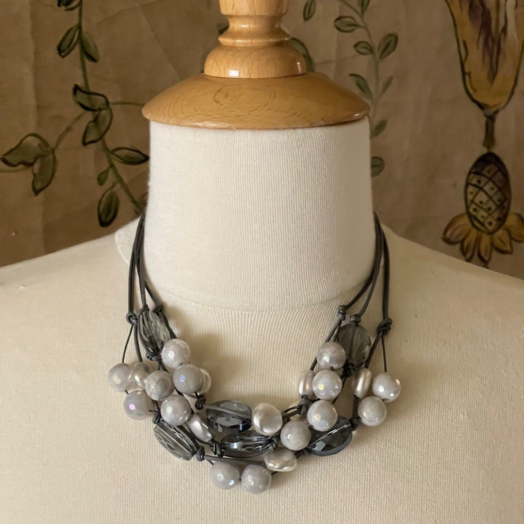 Snowflake Agate Gray Crystal, and Matte Silver Gray Leather And Linen Torsade Necklace