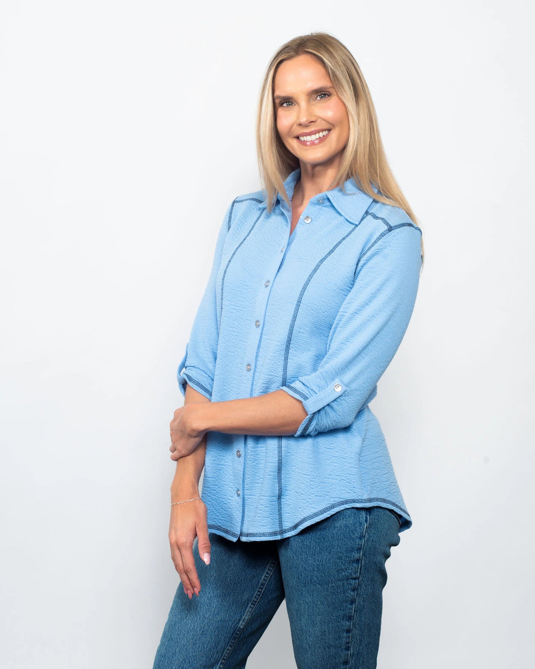 Seersucker Contrast Stitching Button Up