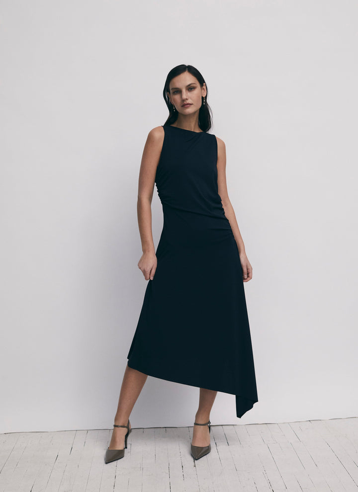 Asymetric gathered midi dress