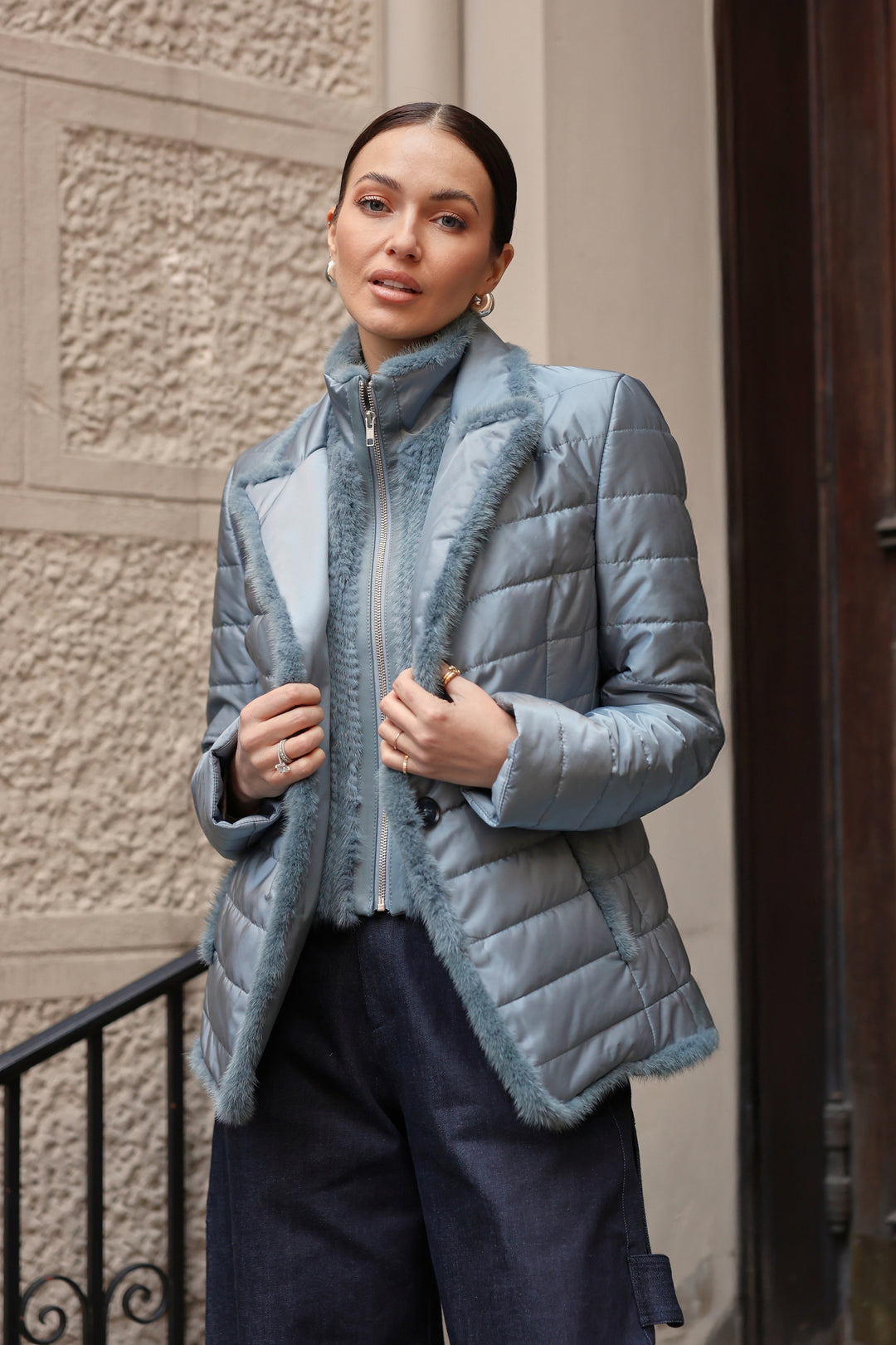 Quilted Jacket with Mink in Blue Breeze
