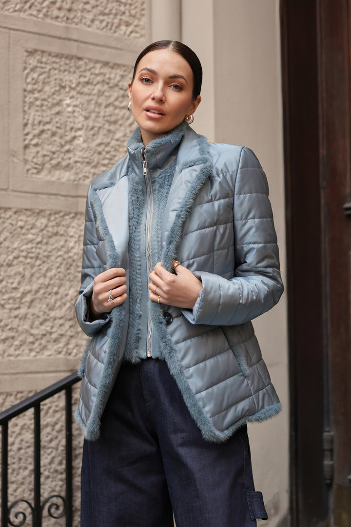 Quilted Jacket with Mink in Blue Breeze