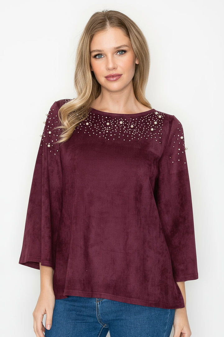Annie Stretch Suede Top with Studs & Pearls