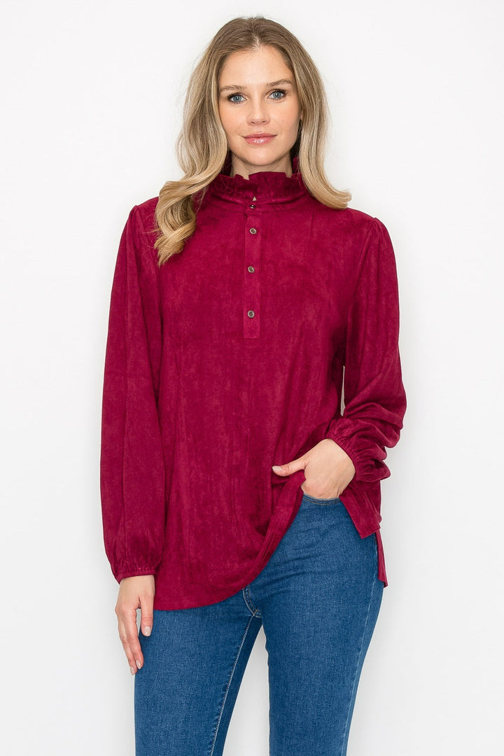 Willabella Stretch Suede Top with Ruffled Collar