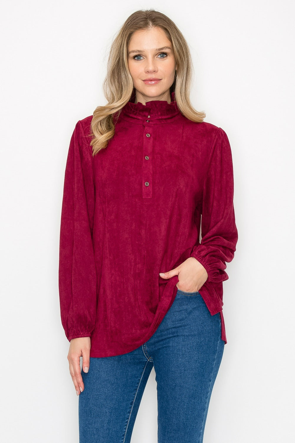 Willabella Stretch Suede Top with Ruffled Collar