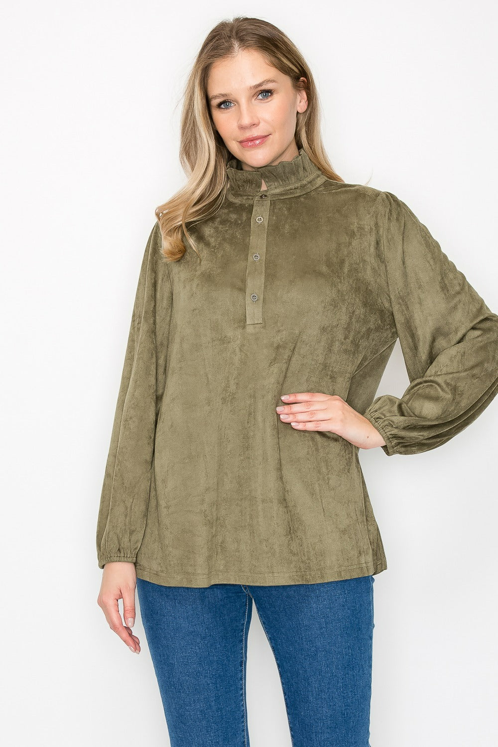 Willabella Stretch Suede Top with Ruffled Collar