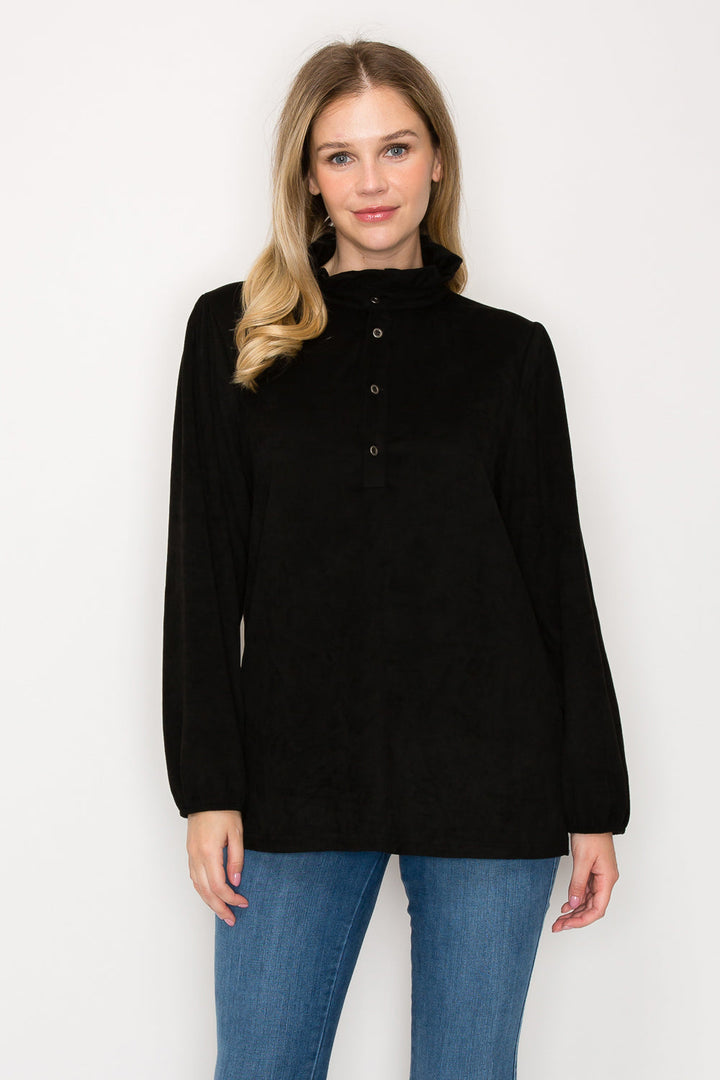 Willabella Stretch Suede Top with Ruffled Collar