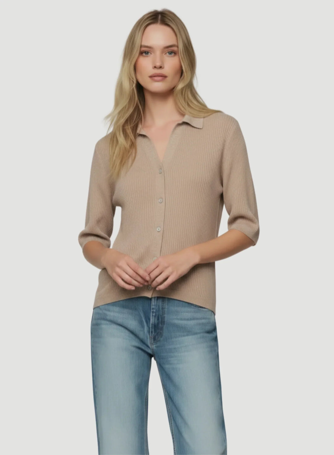 Stretch Linen Micro Rib Knit Three Quarter Sleeve Shirt
