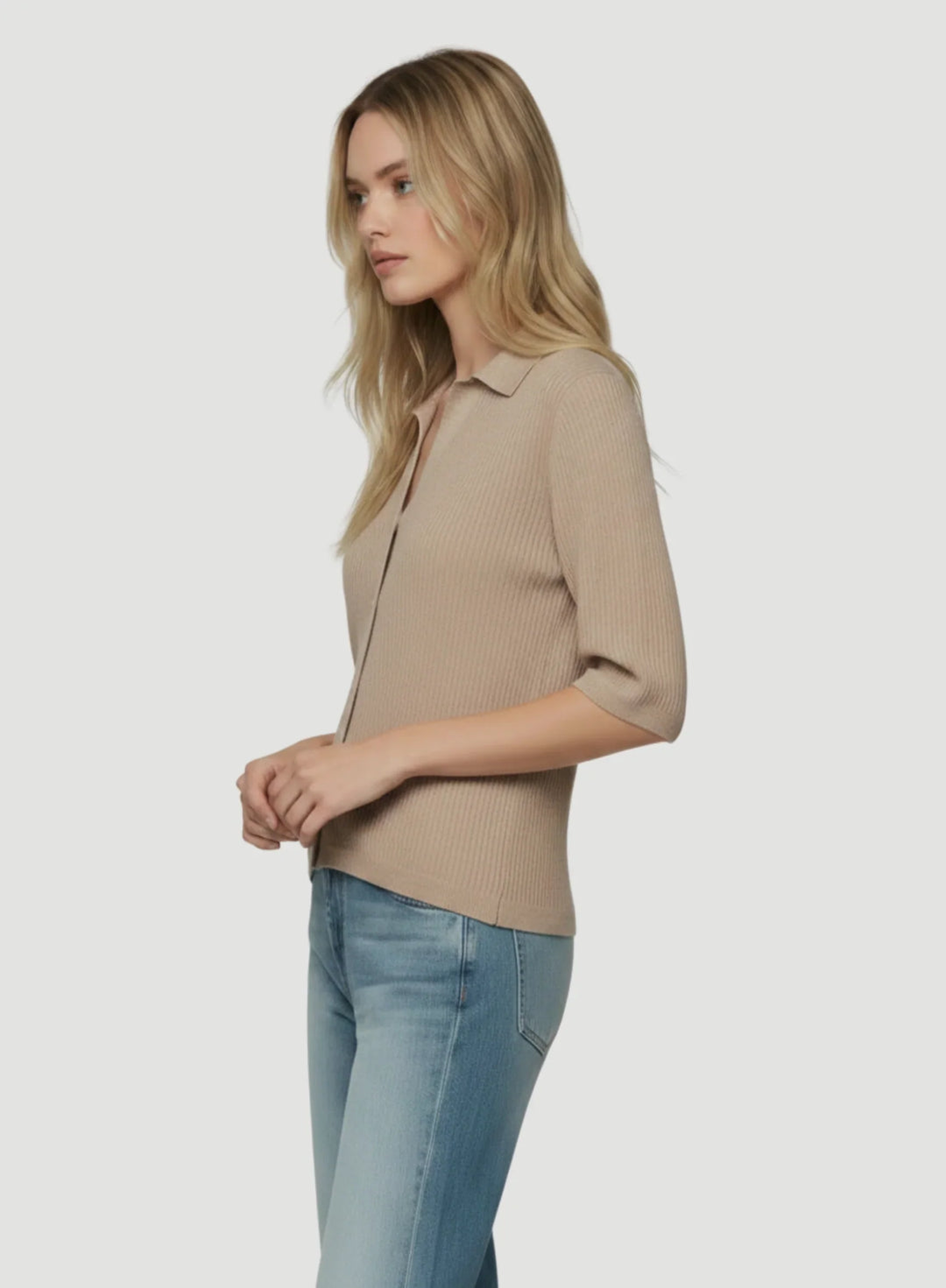 Stretch Linen Micro Rib Knit Three Quarter Sleeve Shirt
