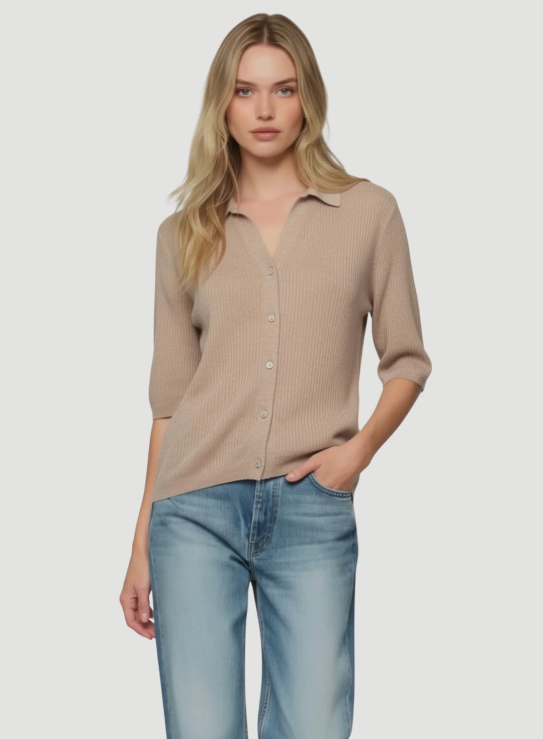 Stretch Linen Micro Rib Knit Three Quarter Sleeve Shirt