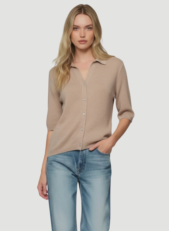 Stretch Linen Micro Rib Knit Three Quarter Sleeve Shirt