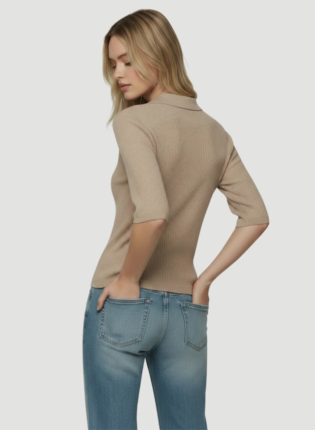 Stretch Linen Micro Rib Knit Three Quarter Sleeve Shirt
