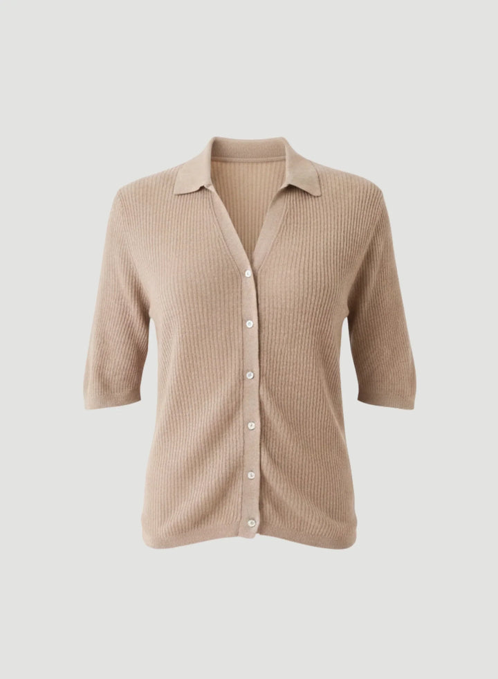 Stretch Linen Micro Rib Knit Three Quarter Sleeve Shirt