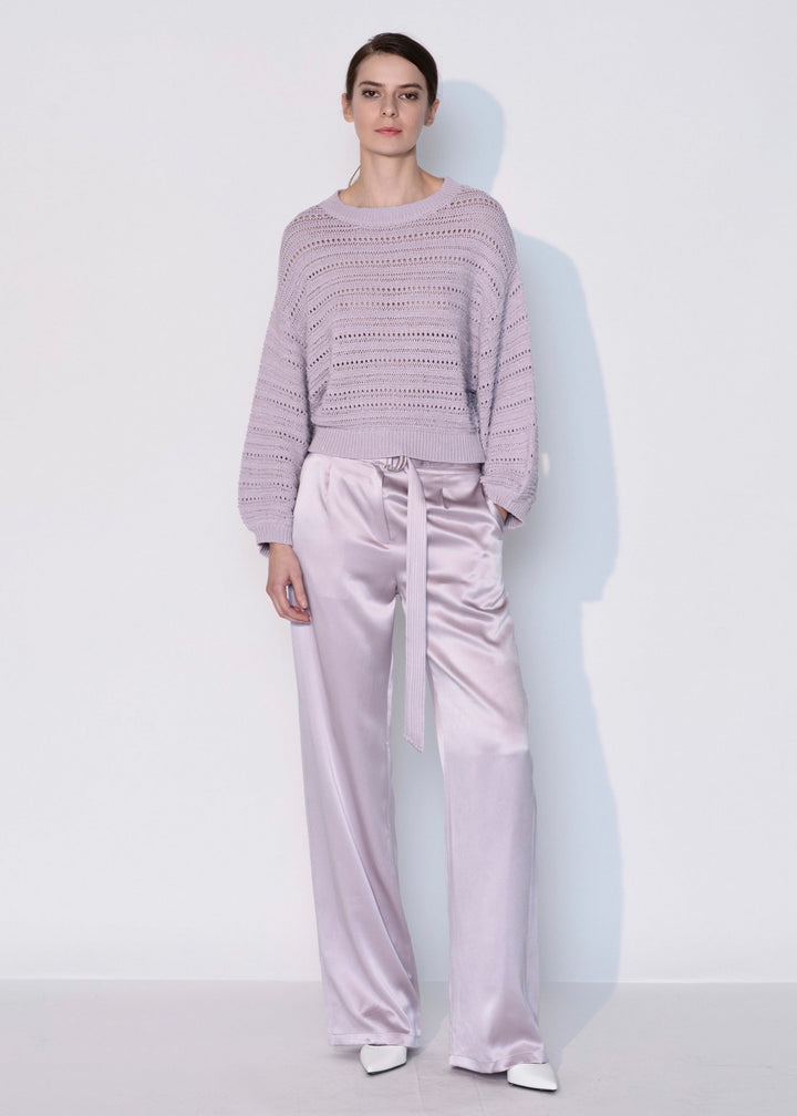 Crew Neck Open Knit Crochet Sweater In Lilac
