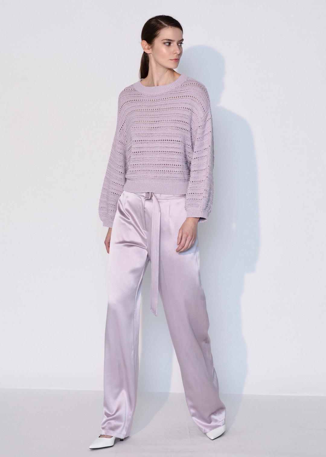 Crew Neck Open Knit Crochet Sweater In Lilac