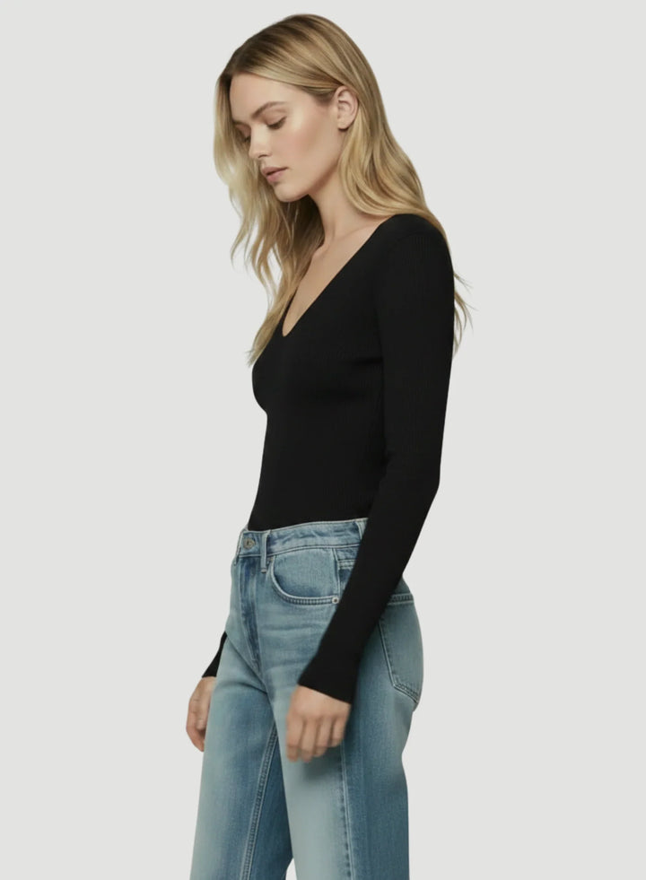 Merino Superfine Rib Knit Elbow Sleeve Mock Neck T-Shirt