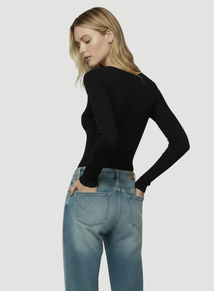 Merino Superfine Rib Knit Elbow Sleeve Mock Neck T-Shirt