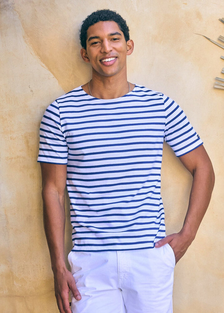 LEVANT MODERN - Breton Stripe Short Sleeve Shirt | Soft Cotton | Unisex Fit (WHITE / ROYAL BLUE)