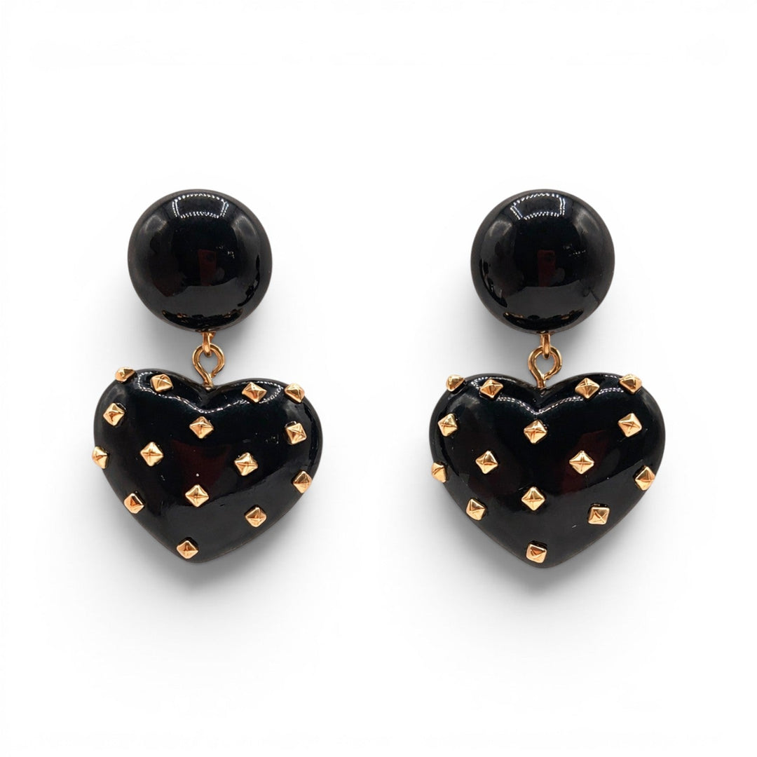 Lavinia Black Resin Studded Heart Drop Earrings
