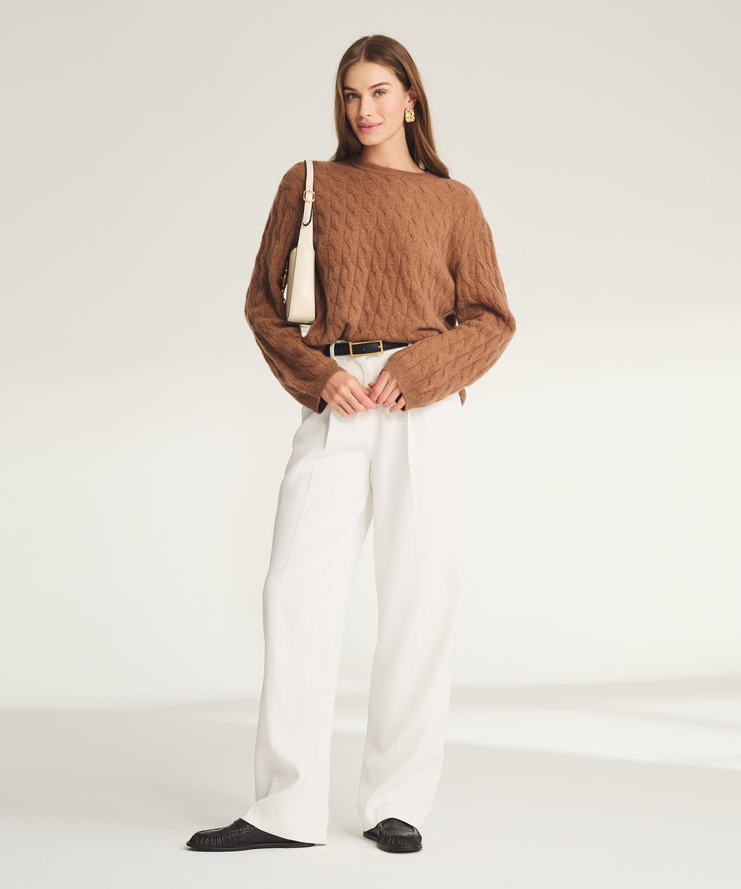 NAADAM Lightweight Cashmere Cable Oversized Crewneck - Dark Camel