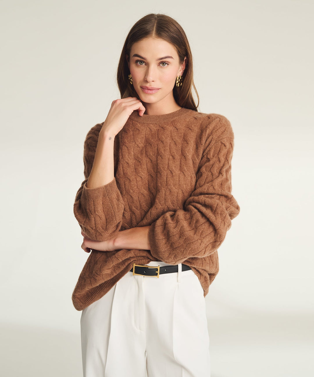 NAADAM Lightweight Cashmere Cable Oversized Crewneck - Dark Camel