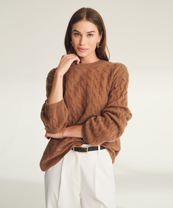 NAADAM Lightweight Cashmere Cable Oversized Crewneck - Dark Camel