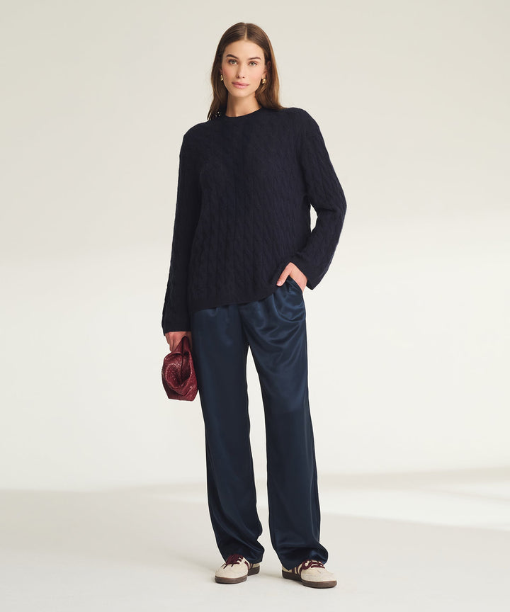NAADAM Lightweight Cashmere Cable Oversized Crewneck - Navy