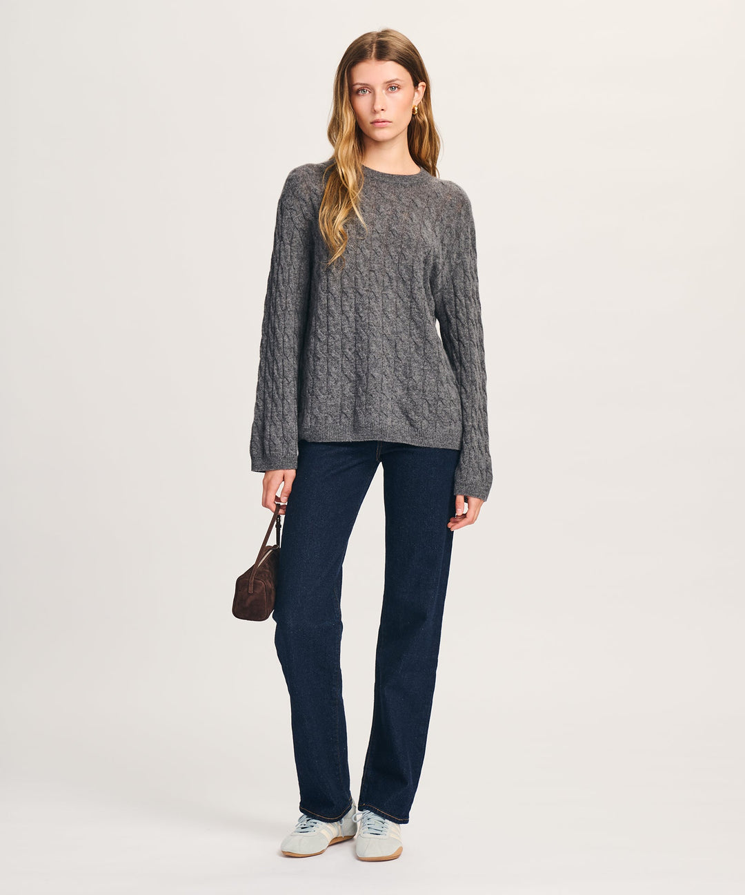 NAADAM Lightweight Cashmere Cable Oversized Crewneck - Granite