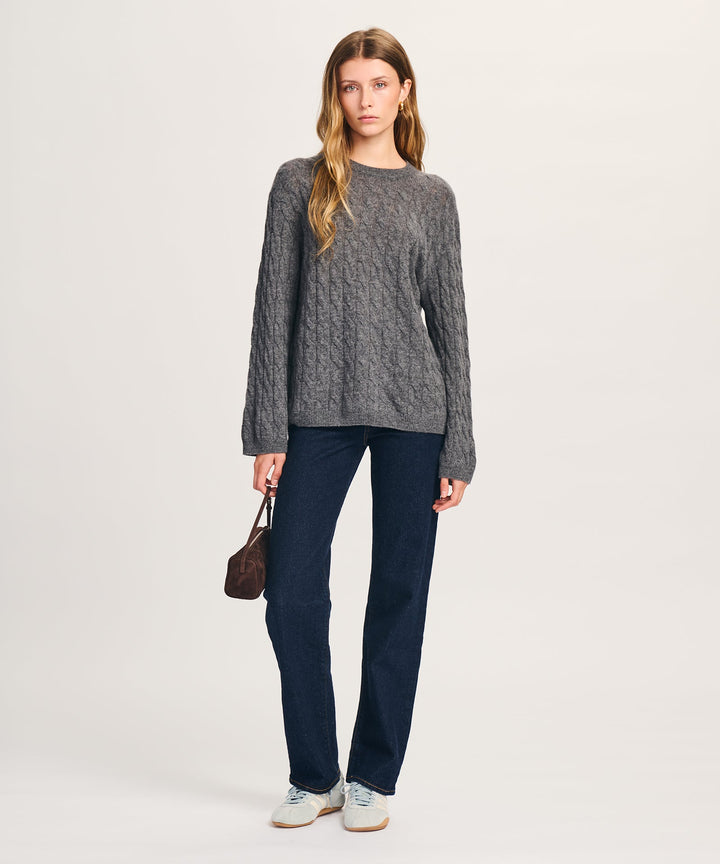NAADAM Lightweight Cashmere Cable Oversized Crewneck - Granite