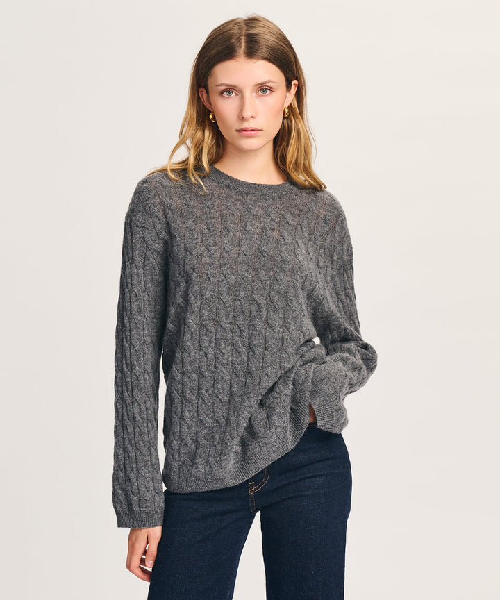 NAADAM Lightweight Cashmere Cable Oversized Crewneck - Granite