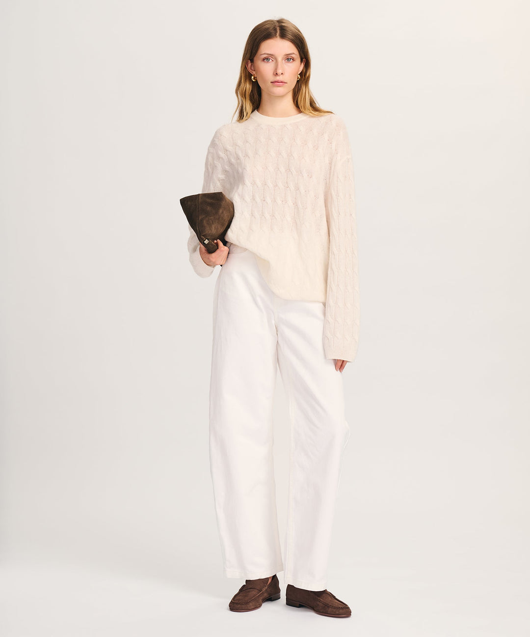 NAADAM Lightweight Cashmere Cable Oversized Crewneck - White