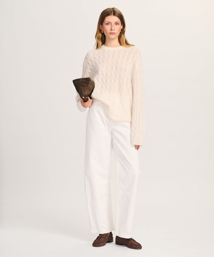 NAADAM Lightweight Cashmere Cable Oversized Crewneck - White
