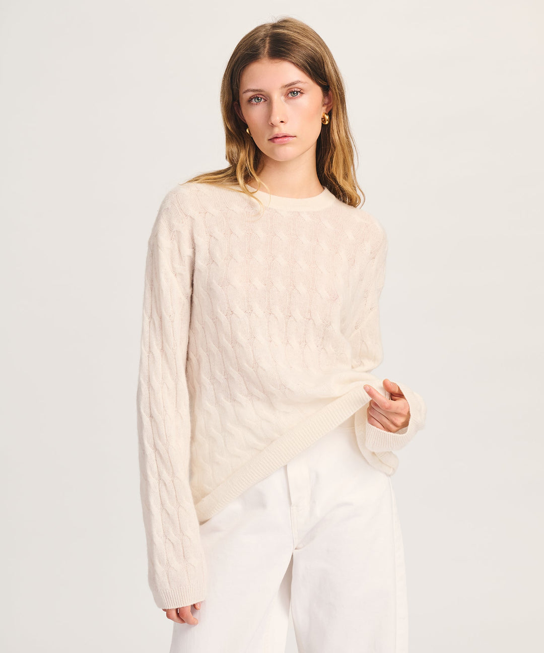 NAADAM Lightweight Cashmere Cable Oversized Crewneck - White