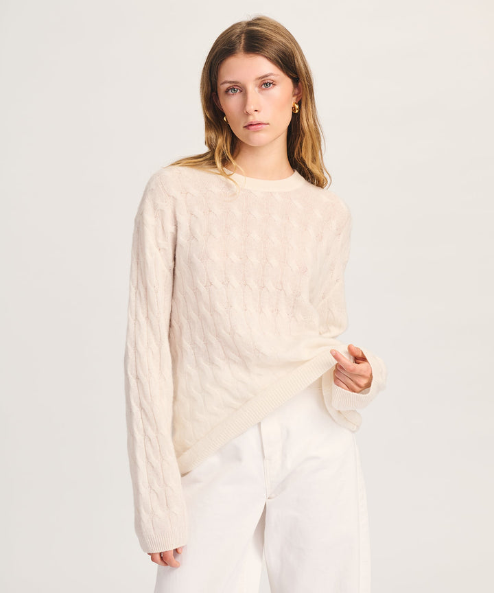 NAADAM Lightweight Cashmere Cable Oversized Crewneck - White