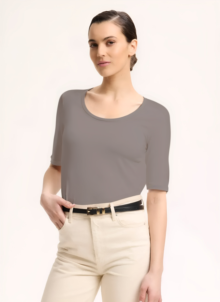 U-neck T-shirt with Elbow-Length Sleeves