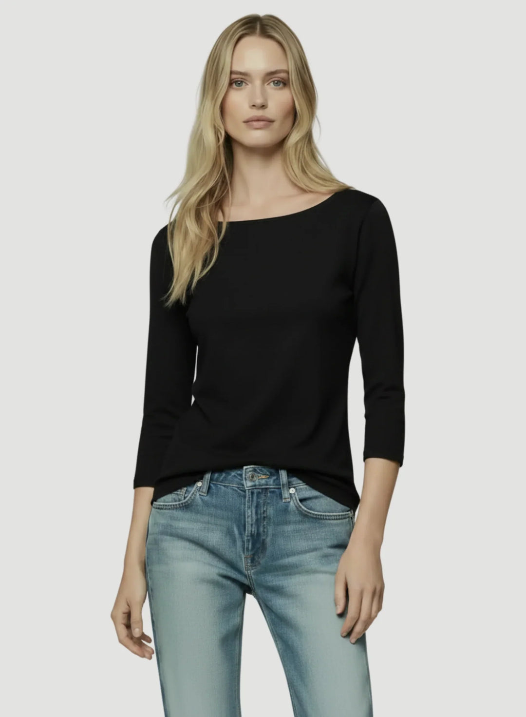 Soft Touch Three Quarter Sleeve Crewneck With Back Pleat T-Shirt