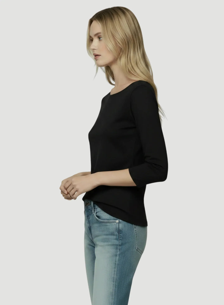 Soft Touch Three Quarter Sleeve Crewneck With Back Pleat T-Shirt