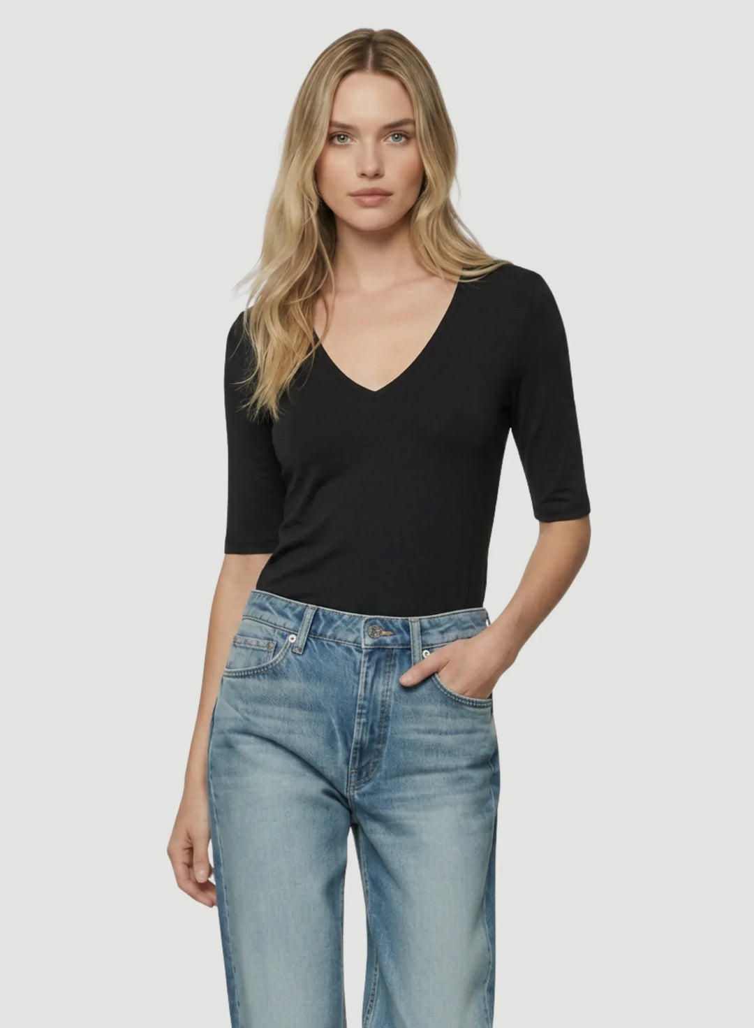 Soft Touch Elbow Sleeve V-Neck T-Shirt