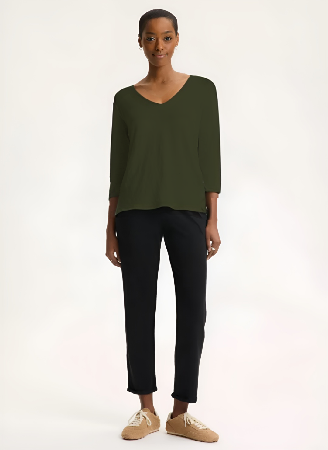 3/4 Sleeves Relaxed V-Neck Shirt - Agave