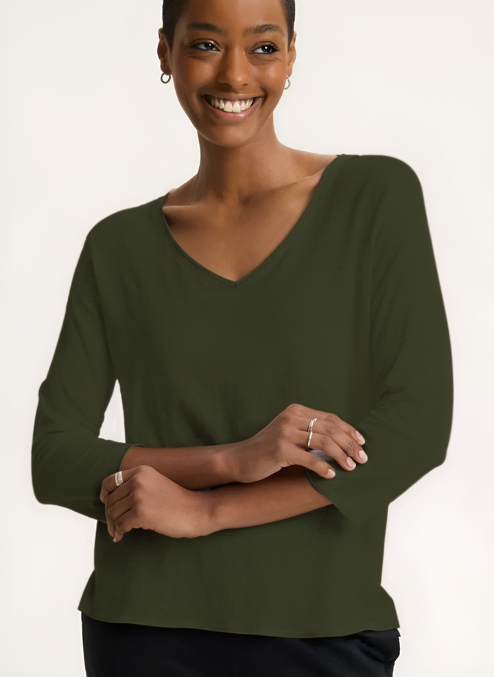 3/4 Sleeves Relaxed V-Neck Shirt - Agave