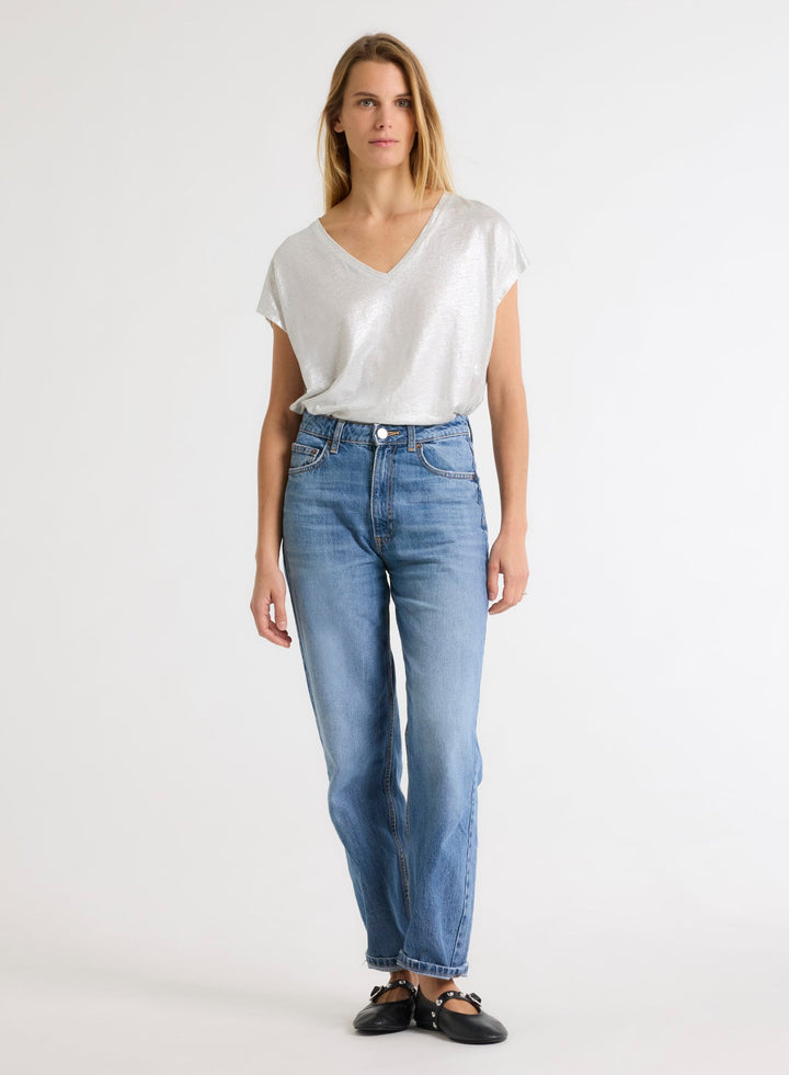 V-neck Short Sleeved Linen/Elastane T-Shirt - Silver