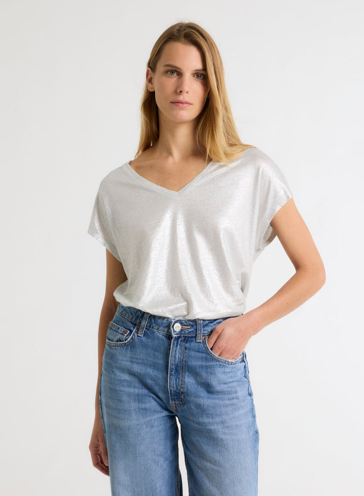 V-neck Short Sleeved Linen/Elastane T-Shirt - Silver