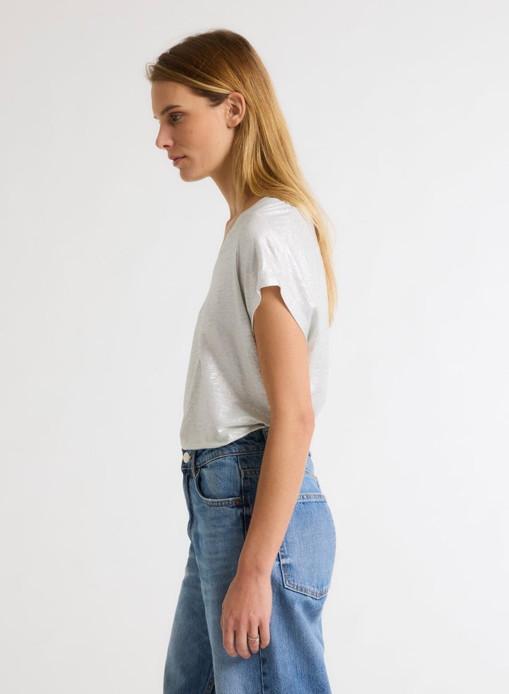 V-neck Short Sleeved Linen/Elastane T-Shirt - Silver
