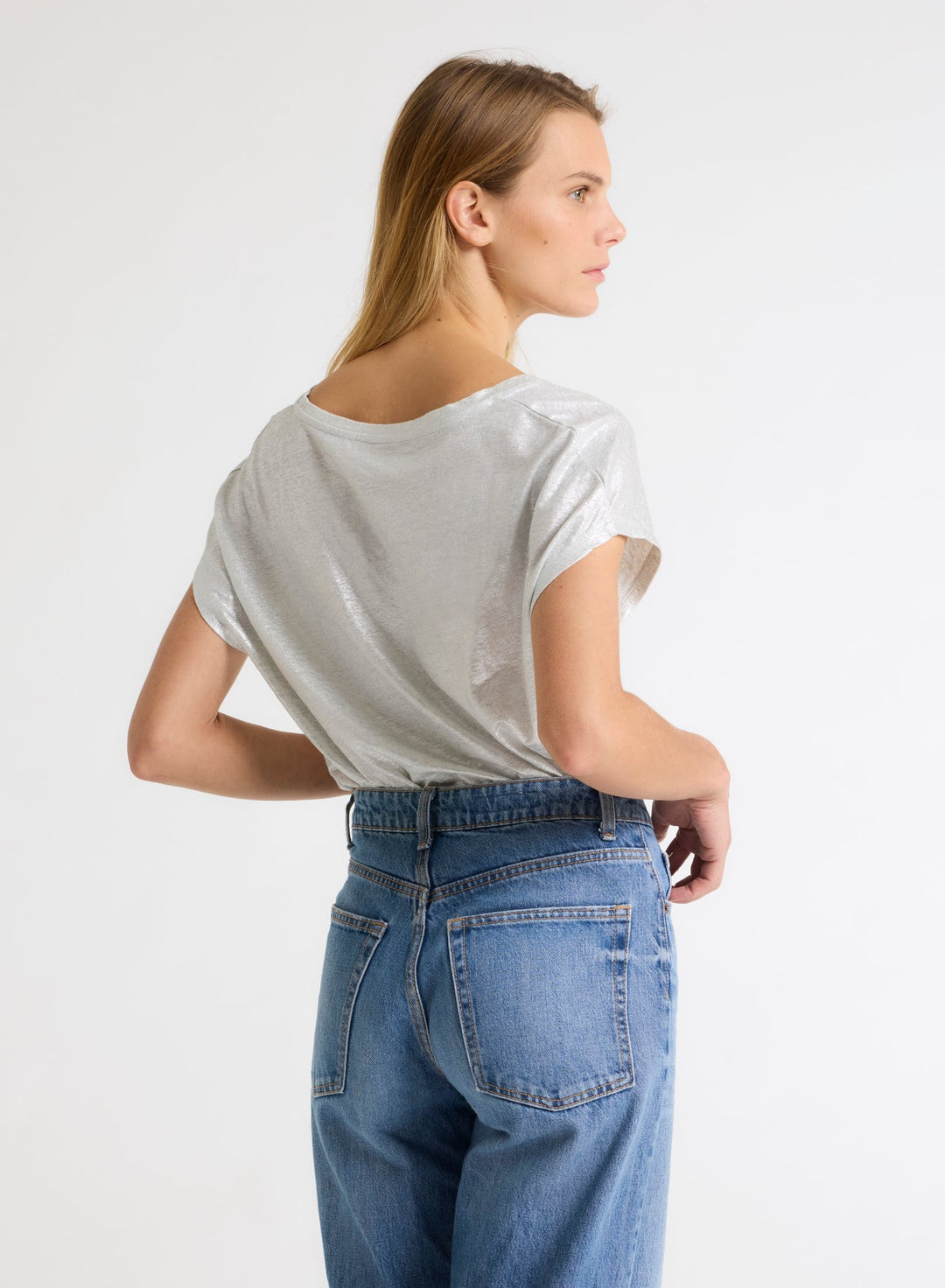 V-neck Short Sleeved Linen/Elastane T-Shirt - Silver