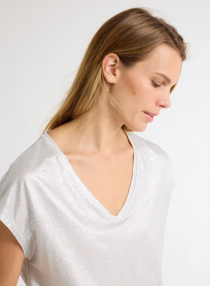 V-neck Short Sleeved Linen/Elastane T-Shirt - Silver