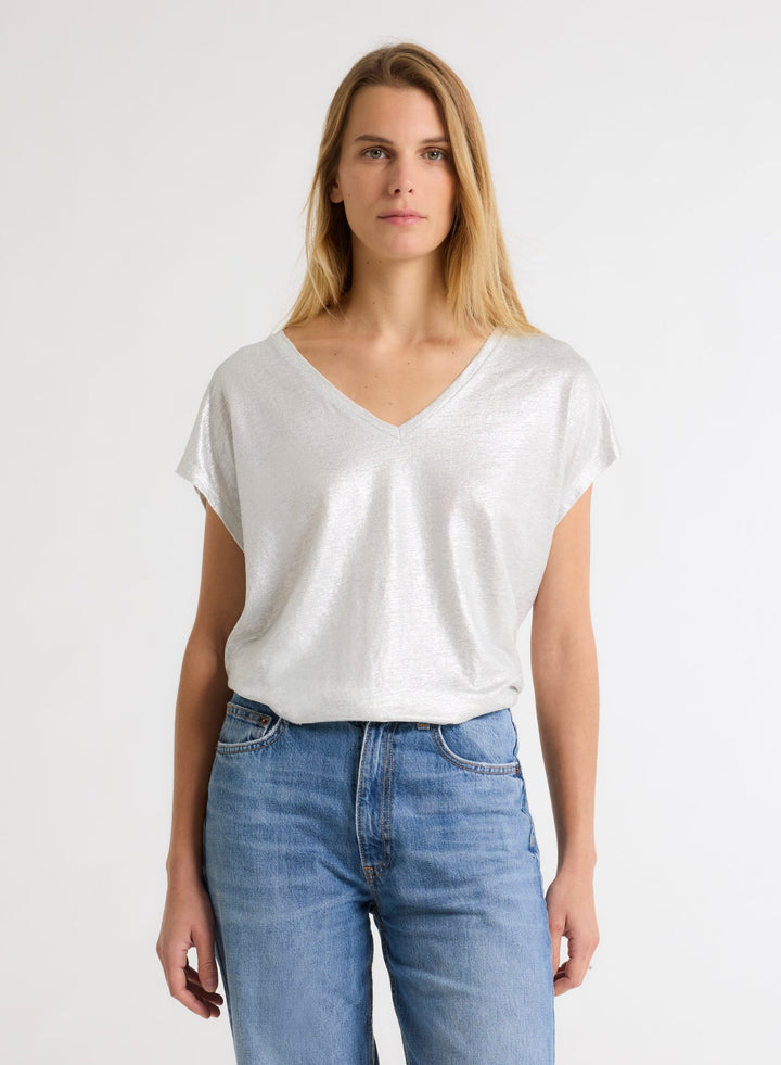 V-neck Short Sleeved Linen/Elastane T-Shirt - Silver