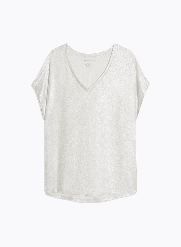 V-neck Short Sleeved Linen/Elastane T-Shirt - Silver