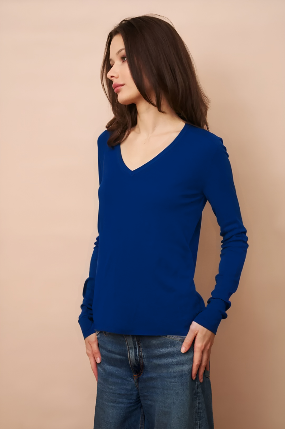 V Neck Long Sleeve Cashmere Shirt - Abyss