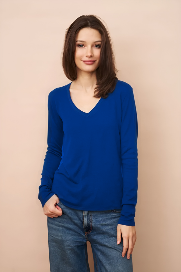 V Neck Long Sleeve Cashmere Shirt - Abyss