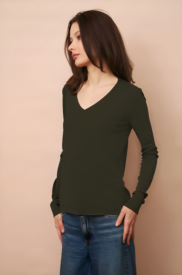 V Neck Long Sleeve Cashmere Shirt - Army